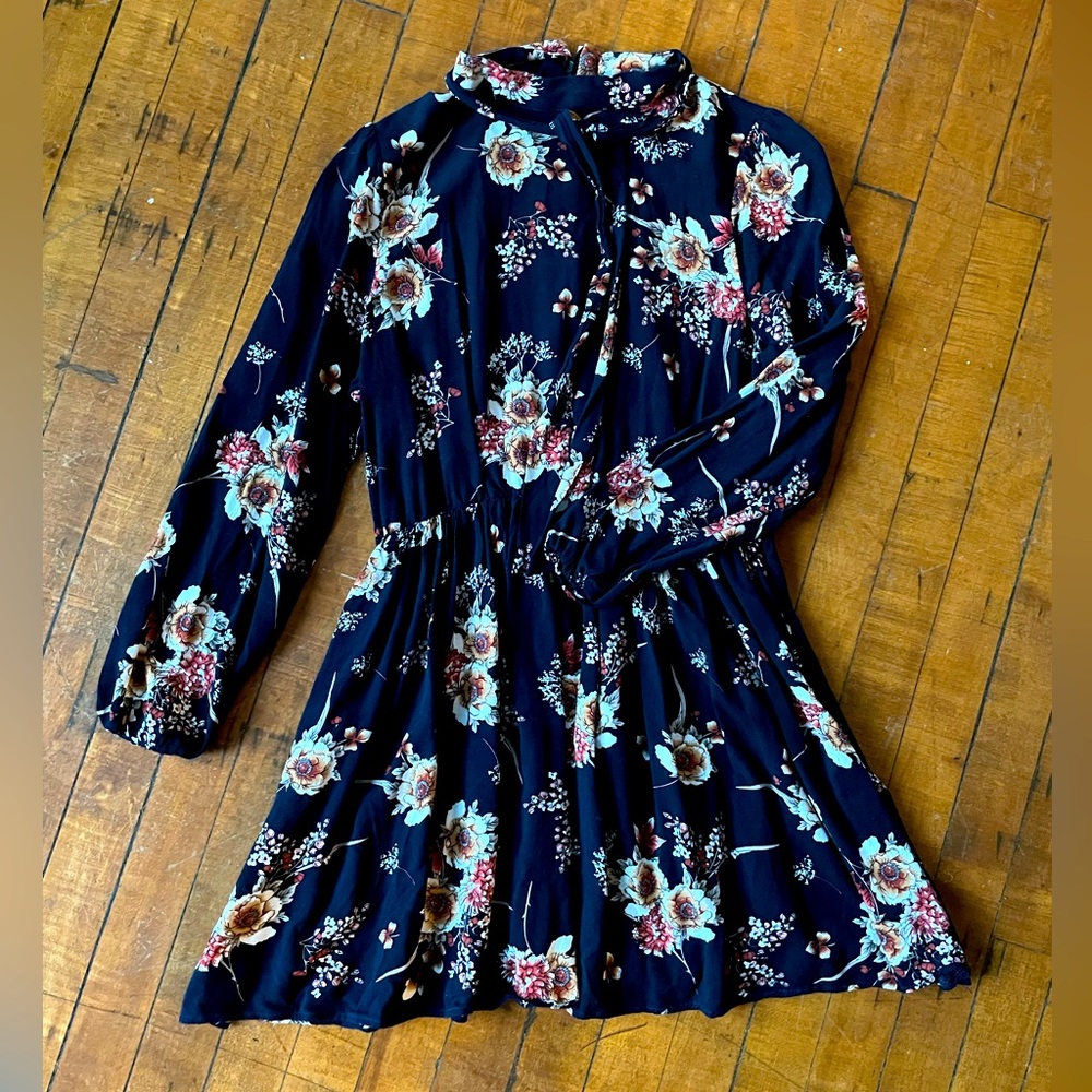Long sleeve navy flare dress